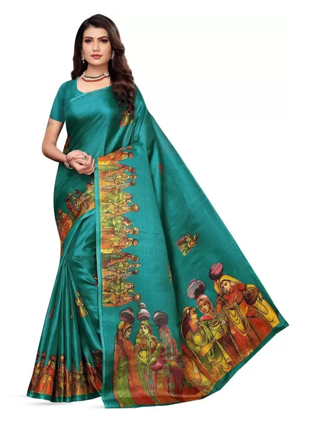 

KALINI Ethnic Motifs Printed Art Silk Banarasi Saree, Blue