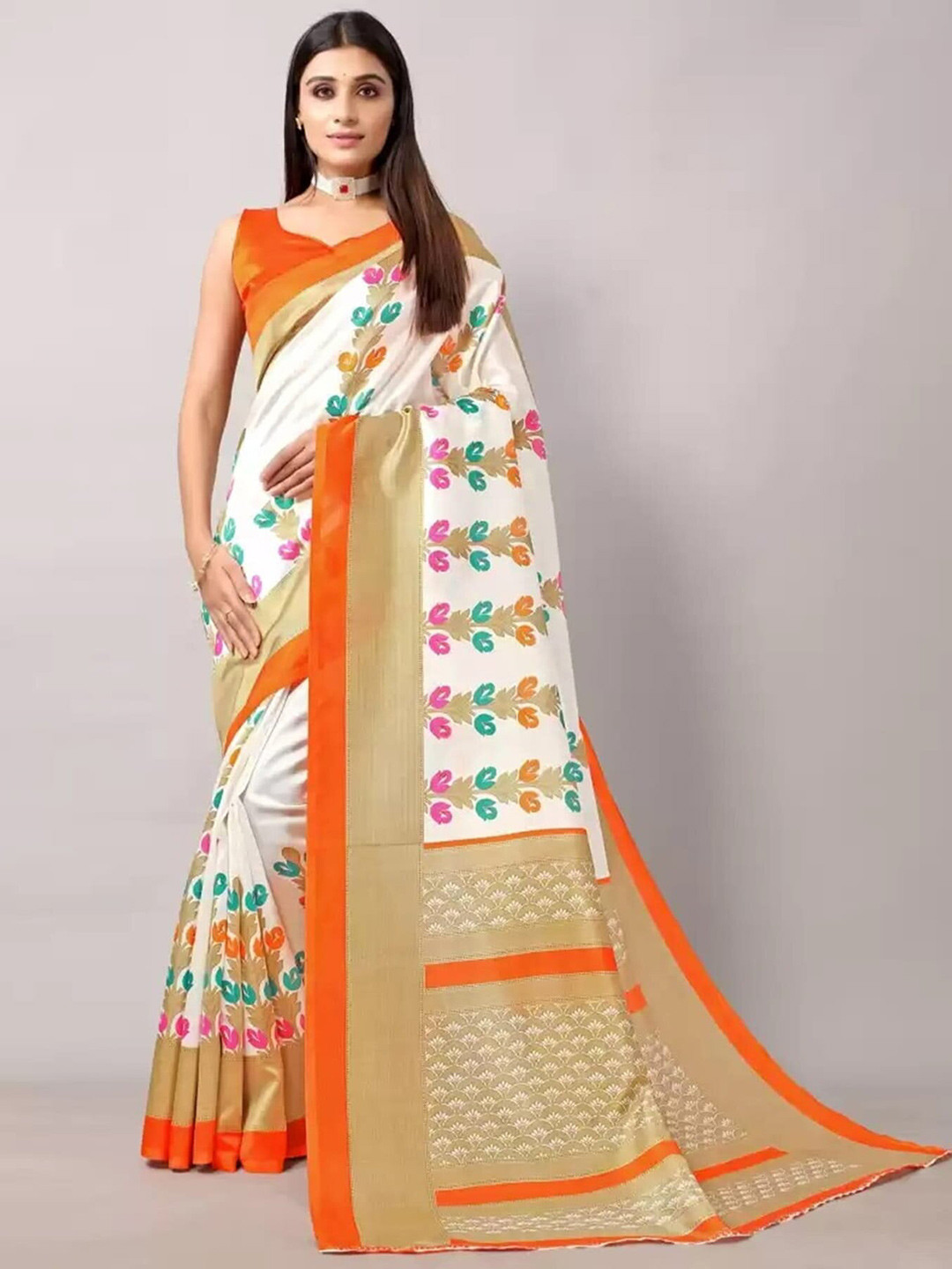 

KALINI Floral Printed Banarasi Saree, White