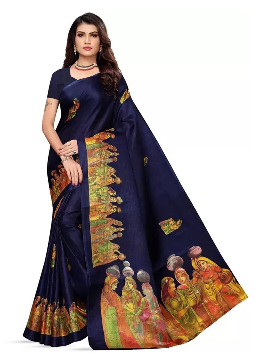 

KALINI Ethnic Motifs Printed Banarasi Saree, Navy blue