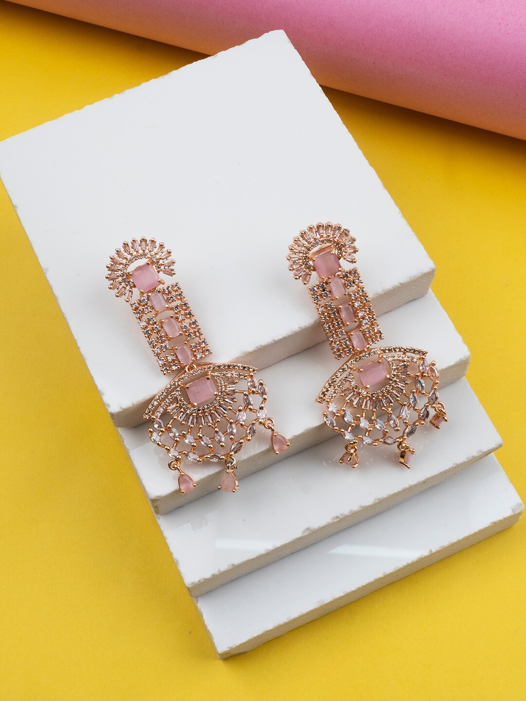 

StileAdda Gold Plated American Diamond Studed Drop Earrings, Rose gold