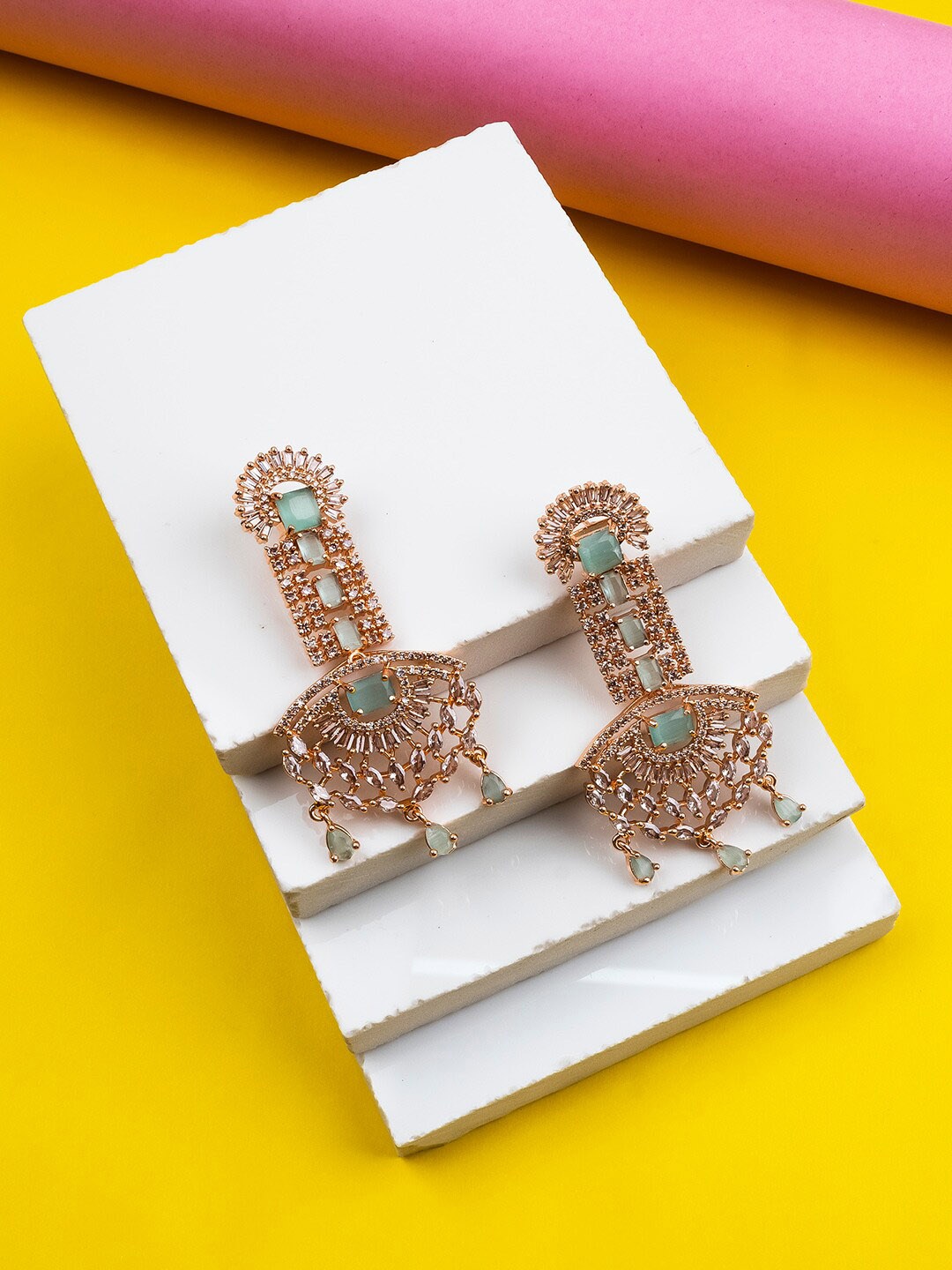 

StileAdda Gold Plated American Diamond Studed Drop Earrings, Rose gold