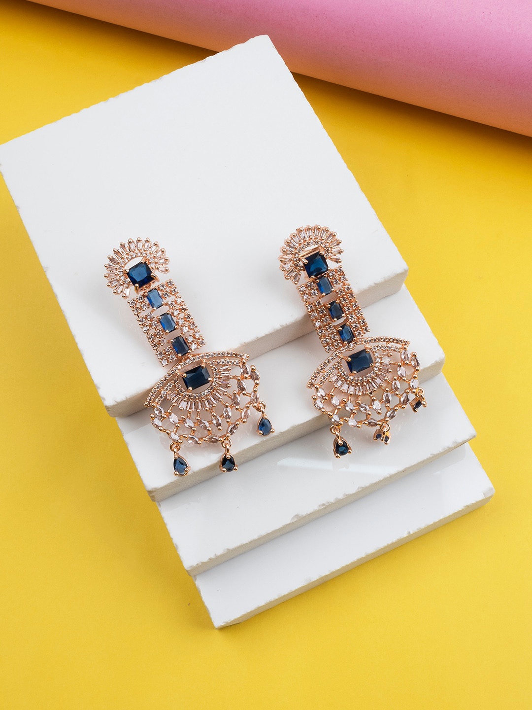 

StileAdda Gold Plated American Diamond Studed Drop Earrings, Rose gold