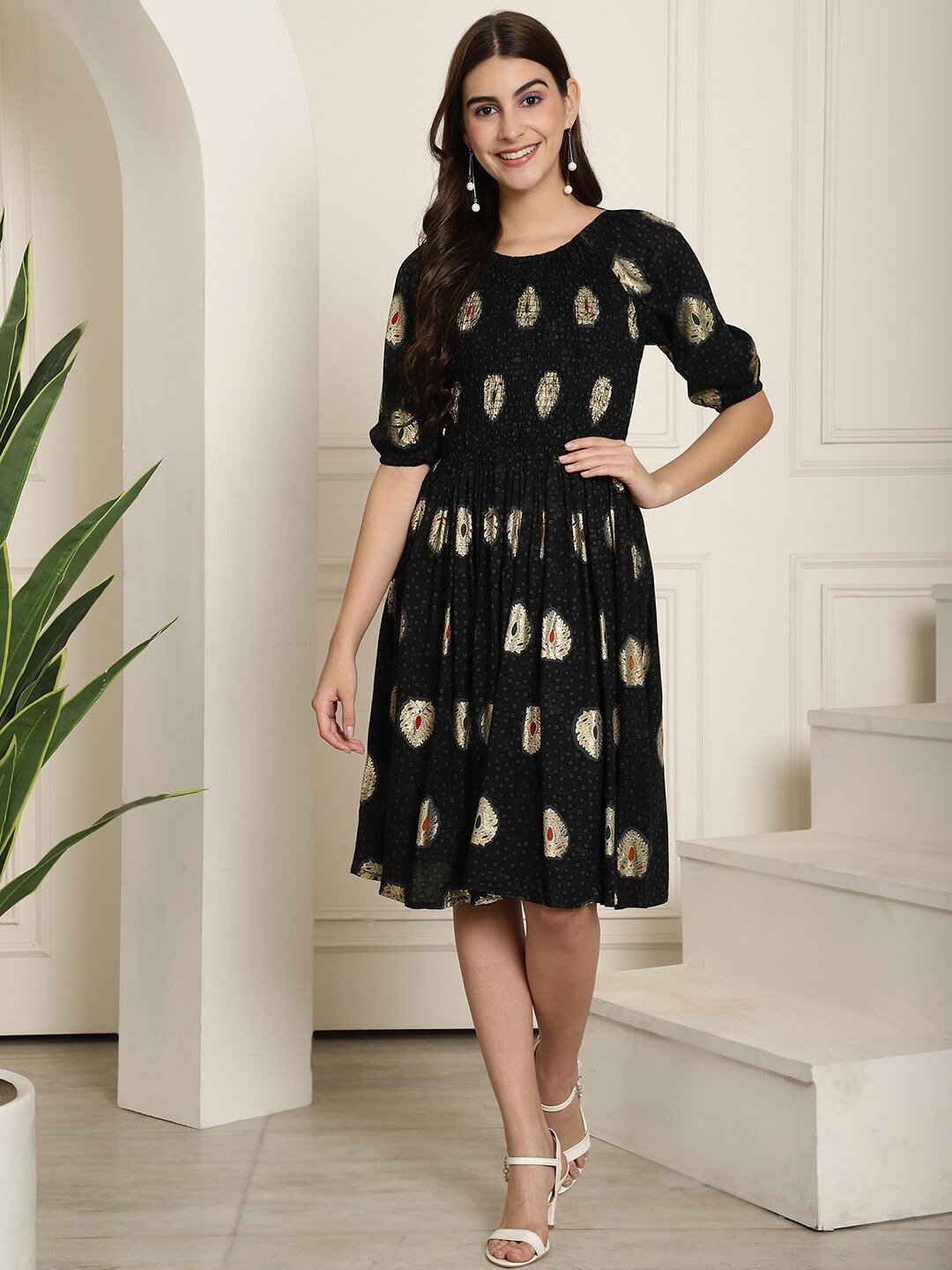 

KALINI Ethnic Motifs Printed Smocked Fit & Flare Dress, Black