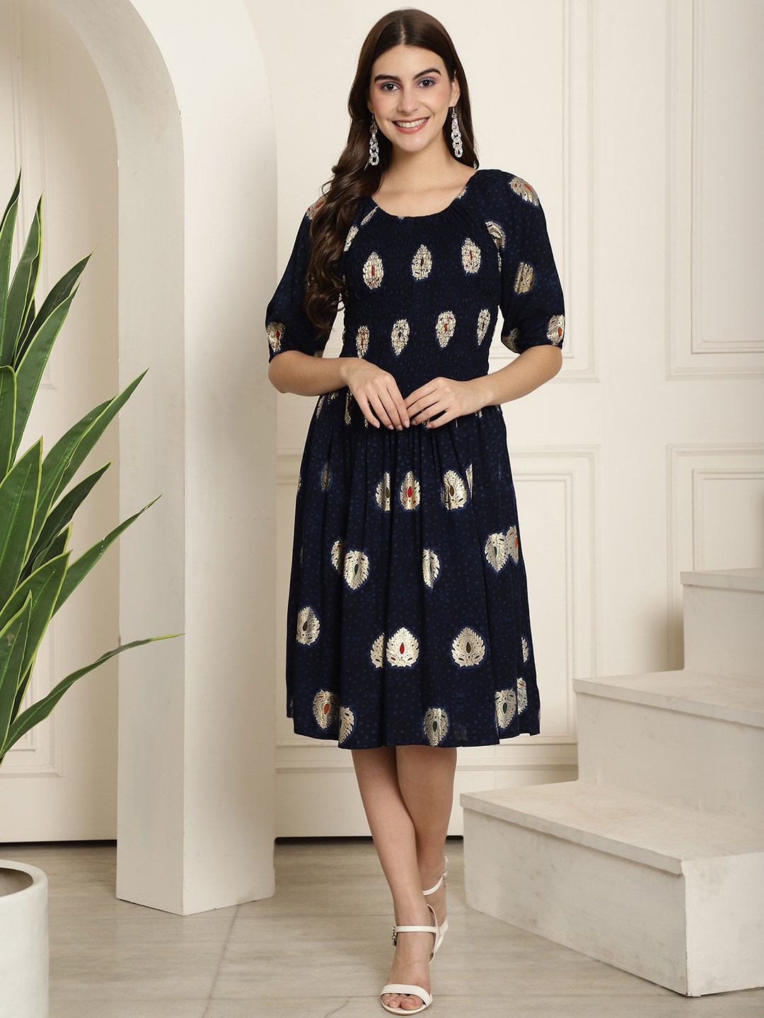 

KALINI Ethnic Motifs Printed Puff Sleeve Smocked Detail Fit & Flare Dress, Blue