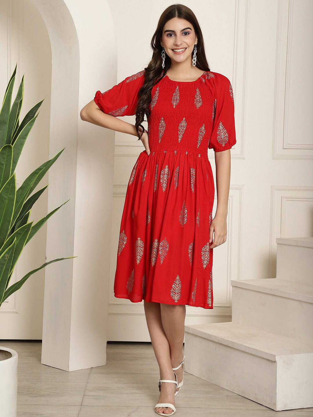 

KALINI Ethnic Motifs Printed Puff Sleeves Fit & Flare Dress, Red