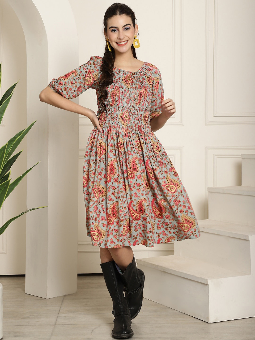 

KALINI Floral Printed Smocked Detail Fit & Flare Dress, Blue