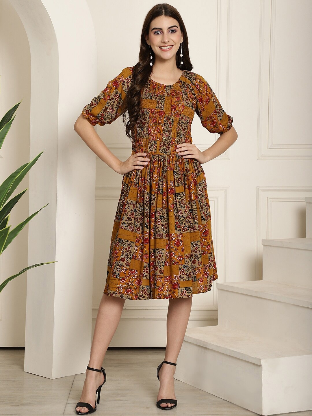 

KALINI Floral Printed Smocked Puff Sleeve Fit & Flare Dress, Mustard