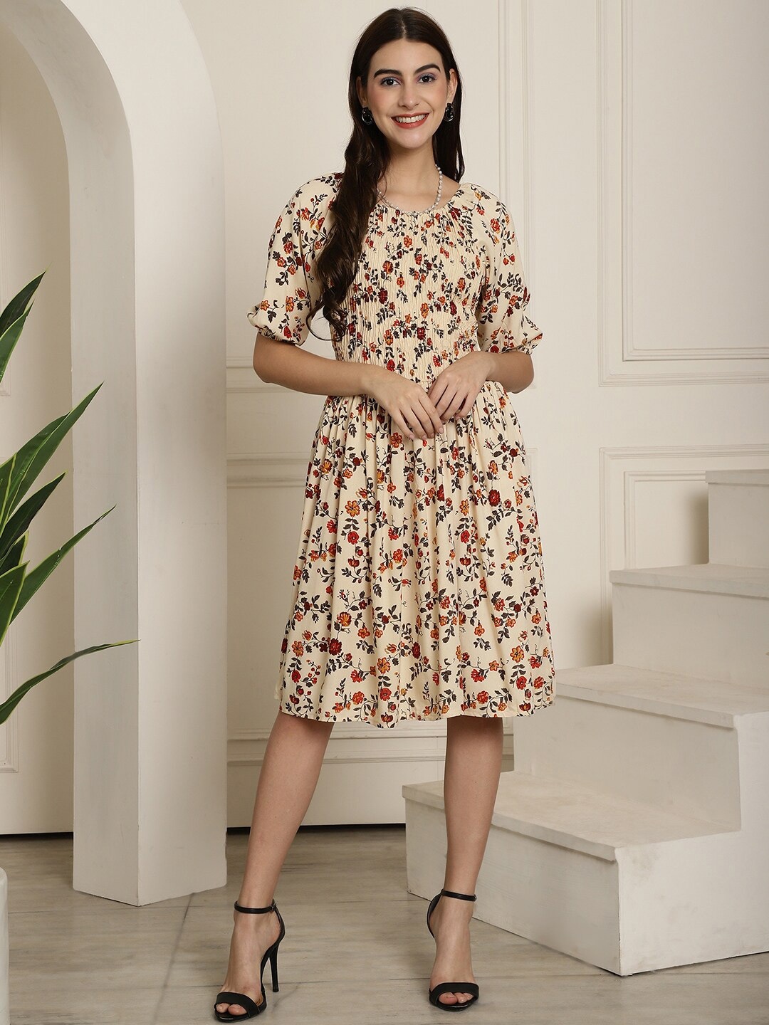 

KALINI Floral Printed Smocked Fit & Flare Dress, Cream