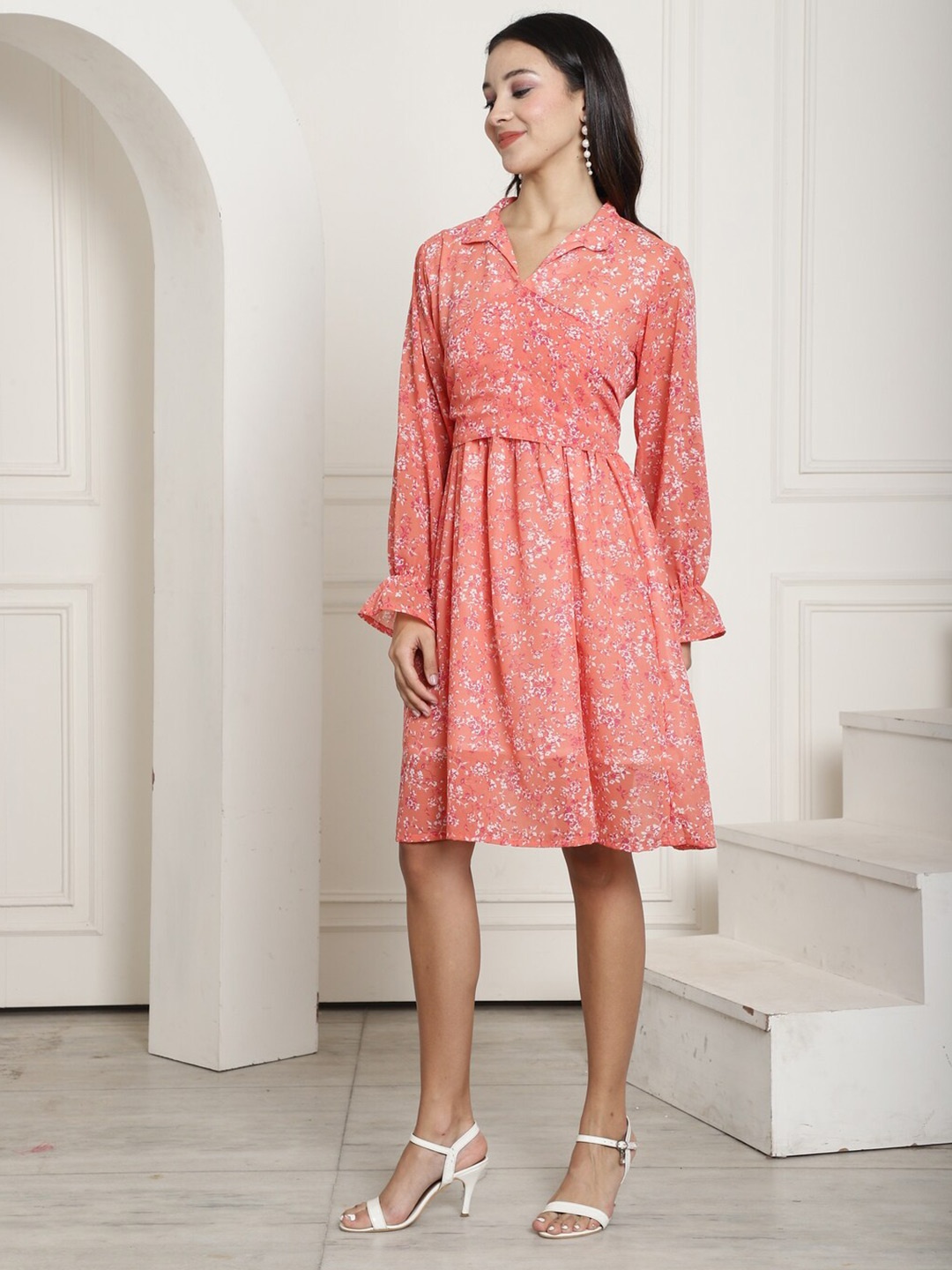 

KALINI Floral Printed Shirt Collar Bell Sleeves Fit & Flare Dress, Pink