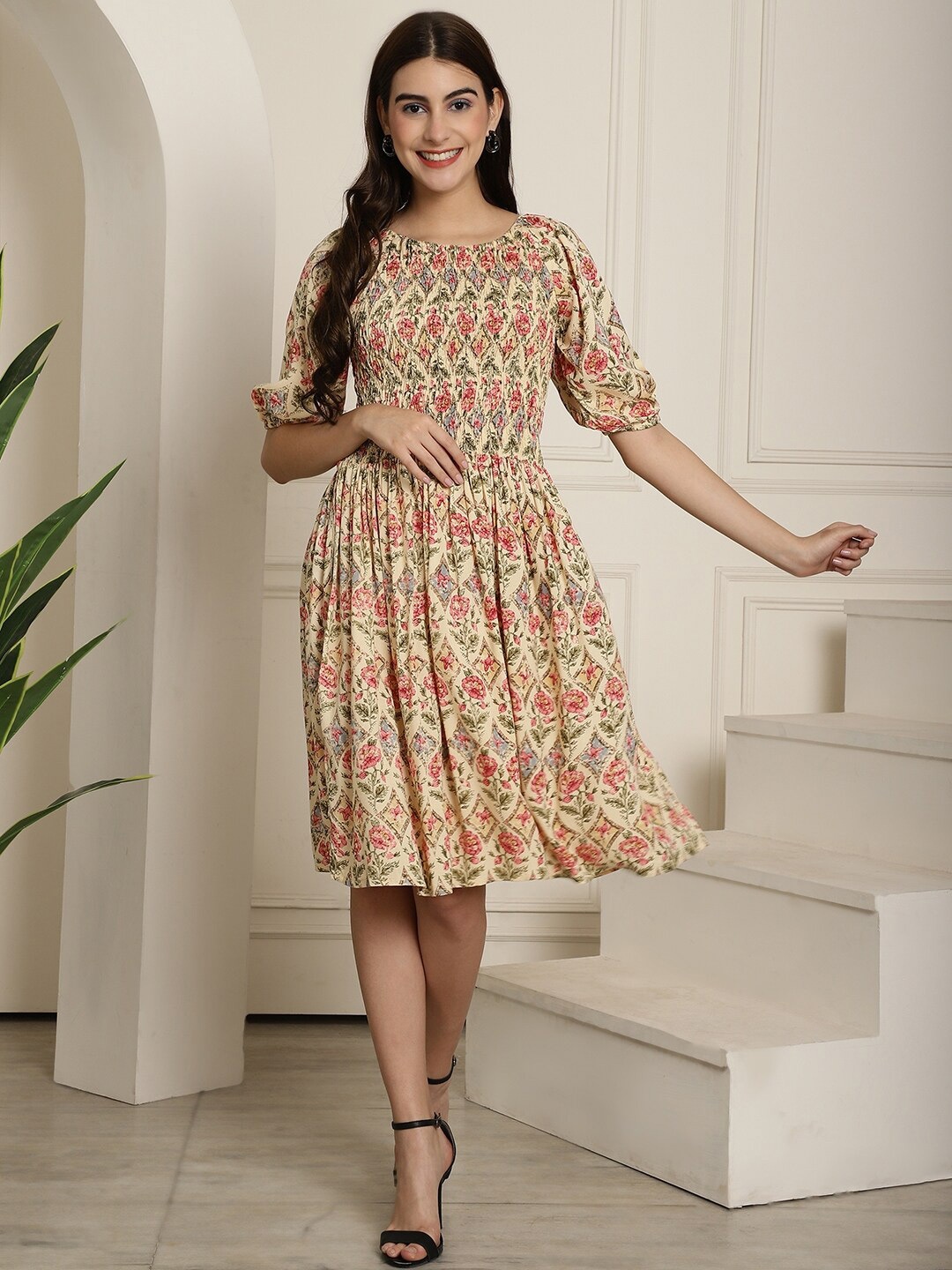 

KALINI Ethnic Motifs Printed Puff Sleeve Smocked Detail Fit & Flare Dress, Cream