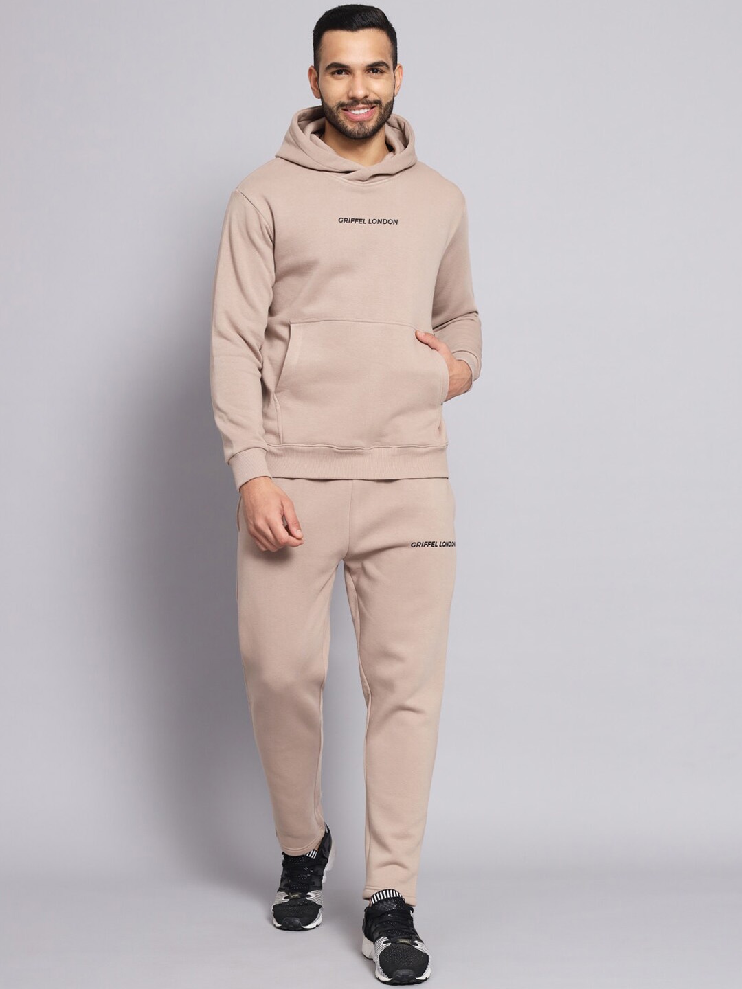 

GRIFFEL Printed Detail Hooded Fleece Tracksuits, Camel brown