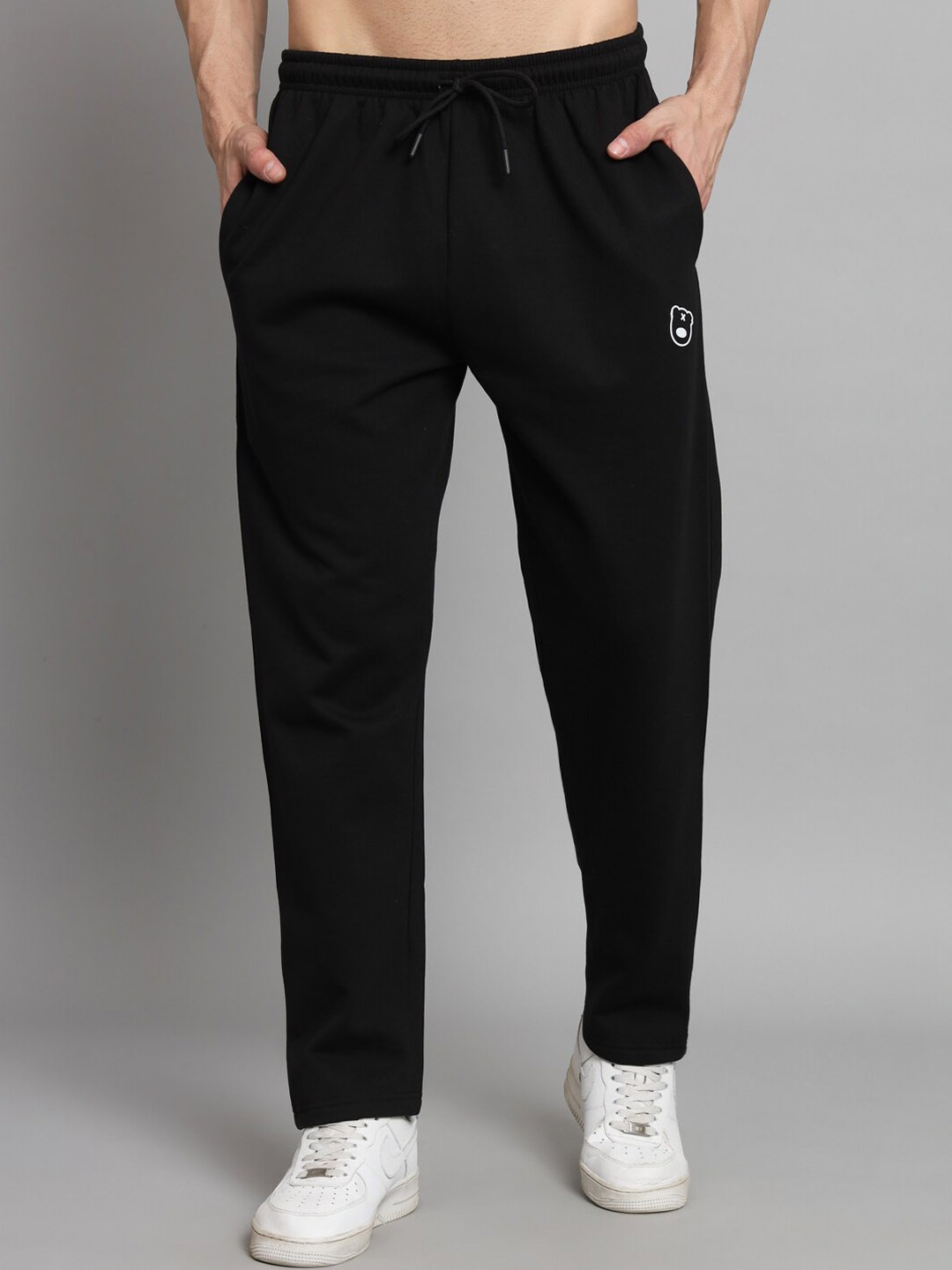 

GRIFFEL Men Mid-Rise Relaxed Fit Fleece Track Pants, Black