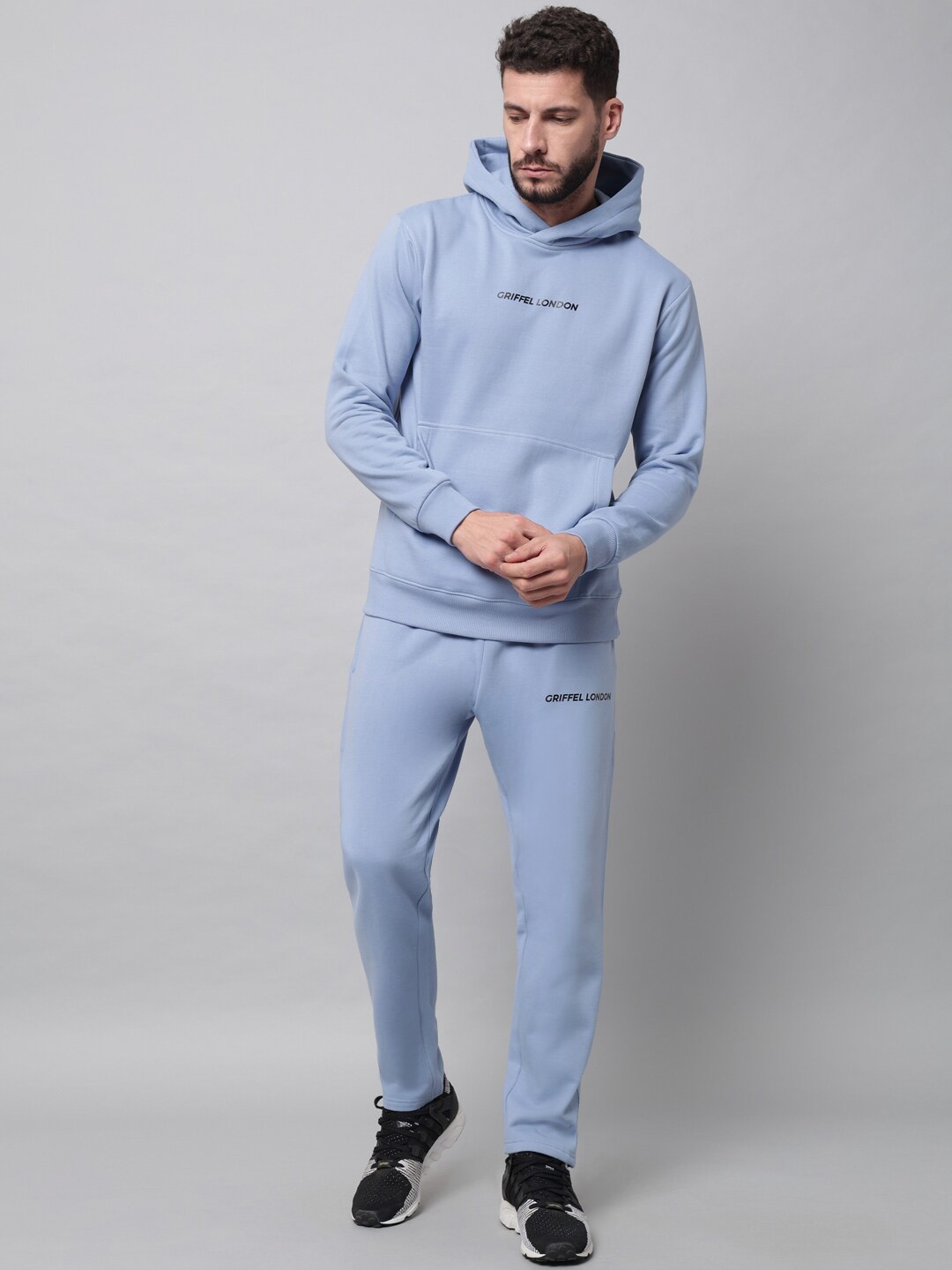 

GRIFFEL Men Typography Printed Fleece Hooded Tracksuits, Blue