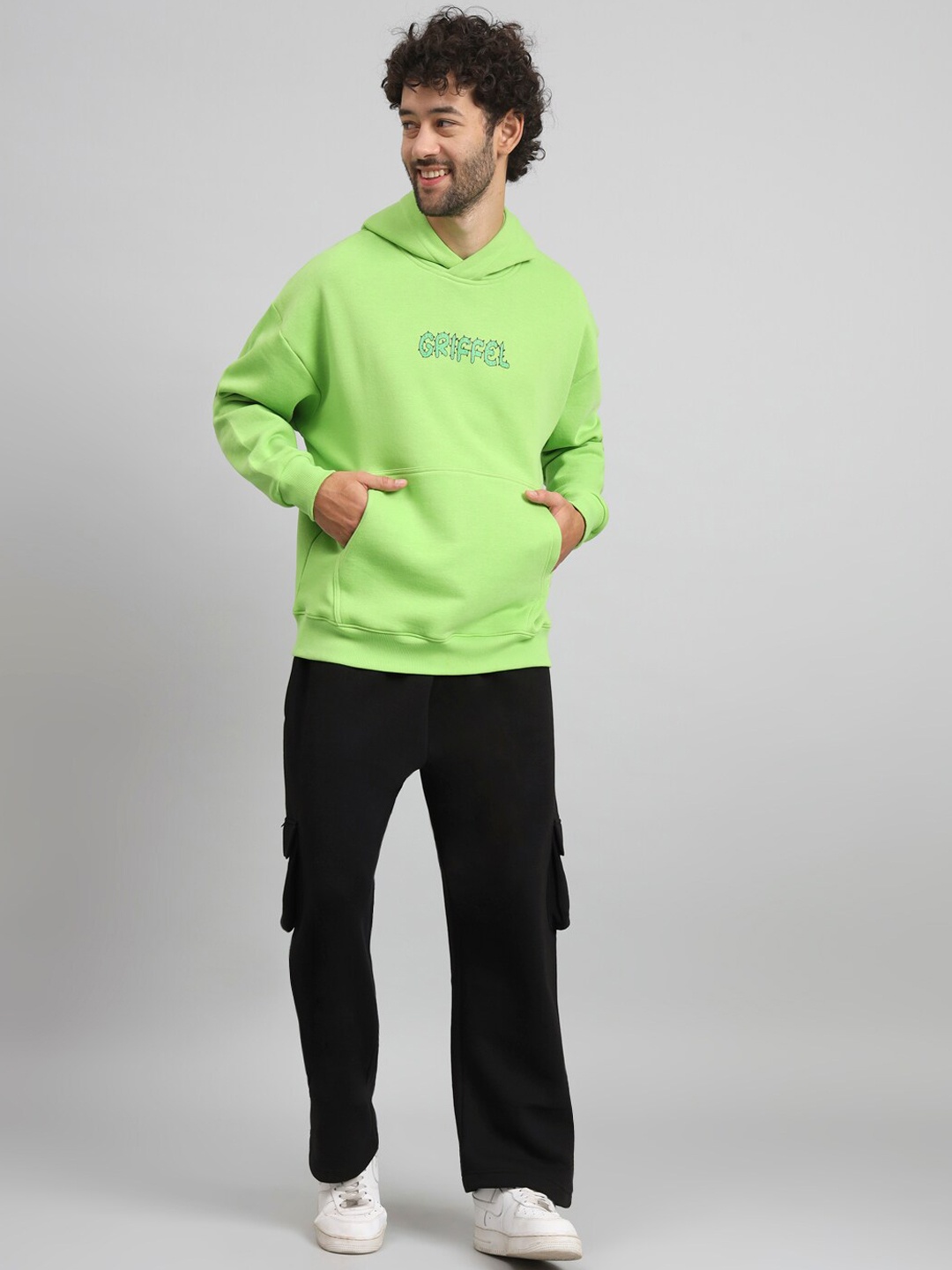 

GRIFFEL Men Typography Printed Fleece Hooded Tracksuits, Green
