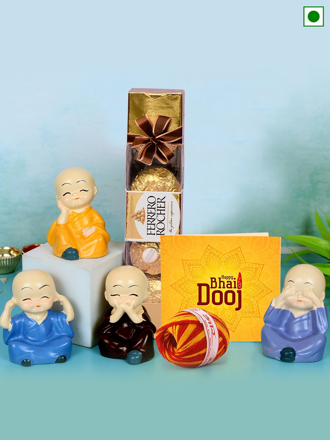 

TIED RIBBONS Bhai Dooj Gift Hamper Chocolates Idol Statue Card Kalawa Roli Chawal, Yellow