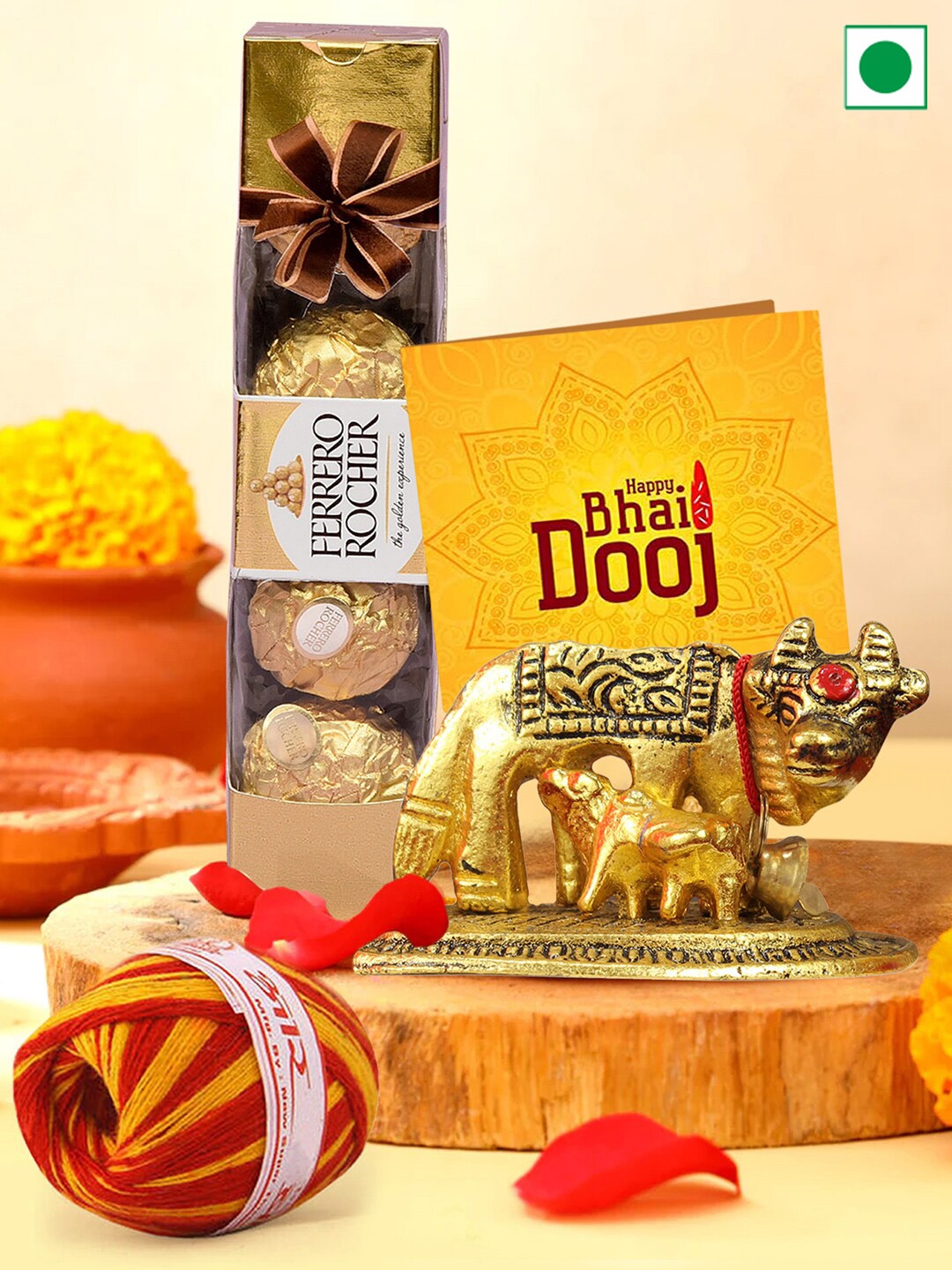 

TIED RIBBONS Bhai Dooj Gift Chocolates Idol Statue Card Kalawa Roli Chawal, Yellow