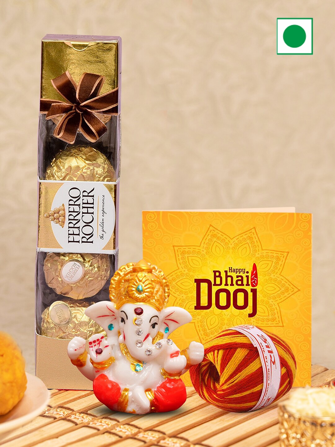 

TIED RIBBONS Bhai Dooj Gift Chocolates Idol Card Kalawa Roli Chawal, Yellow