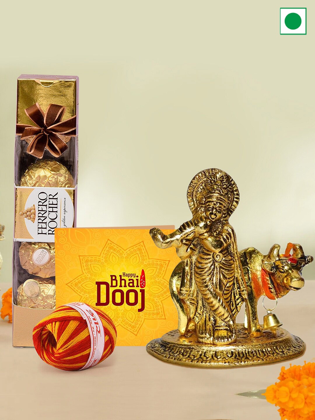 

TIED RIBBONS Bhai Dooj Gift Chocolates Idol Statue Card Kalawa Roli Chawal, Beige