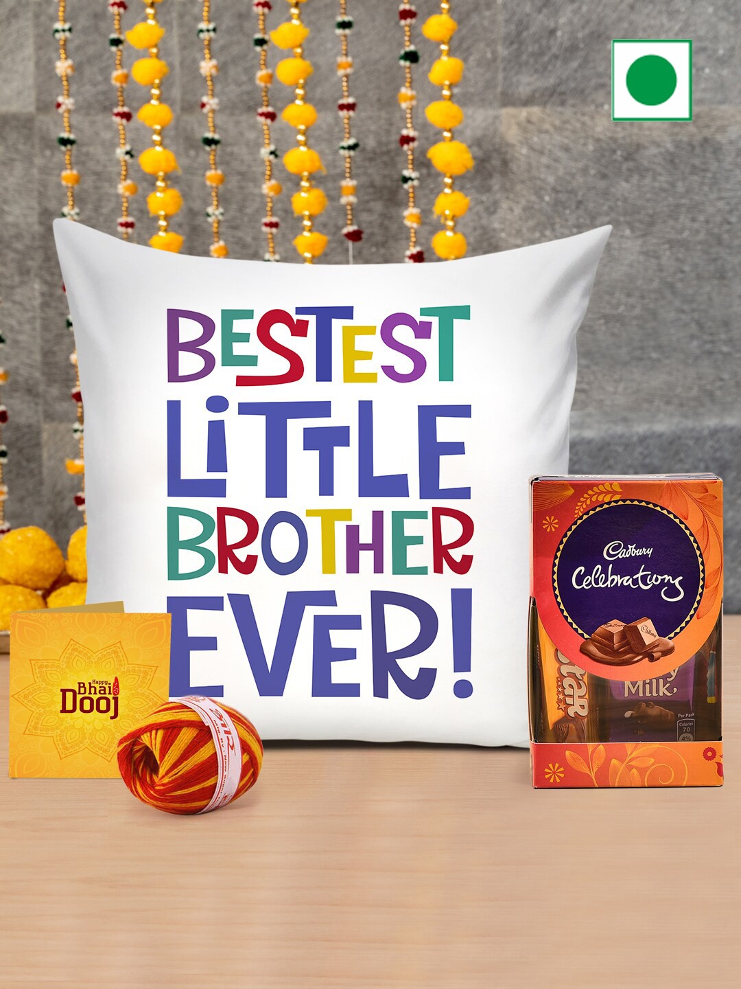 

TIED RIBBONS Bhai Dooj Gift Chocolates Cushion Cover with Filler Card Kalawa Roli Chawal, White