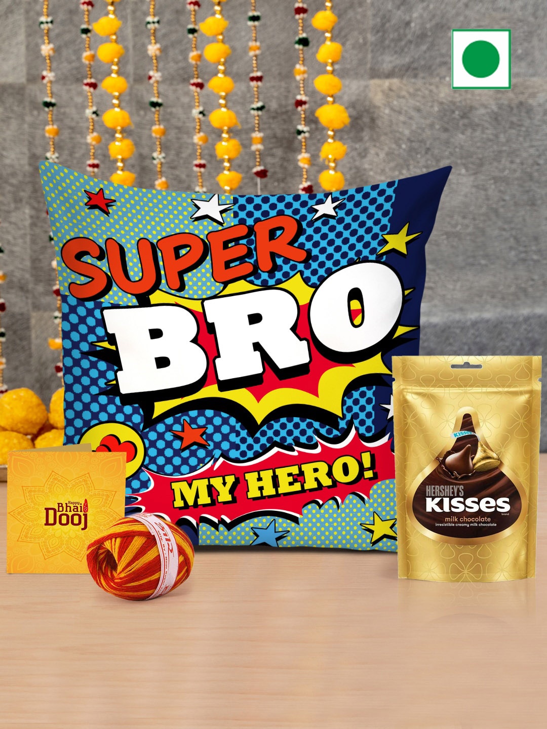 

TIED RIBBONS Bhai Dooj Gift Combo Chocolates Cushion Cover With Card Kalawa Roli Chawal, Yellow