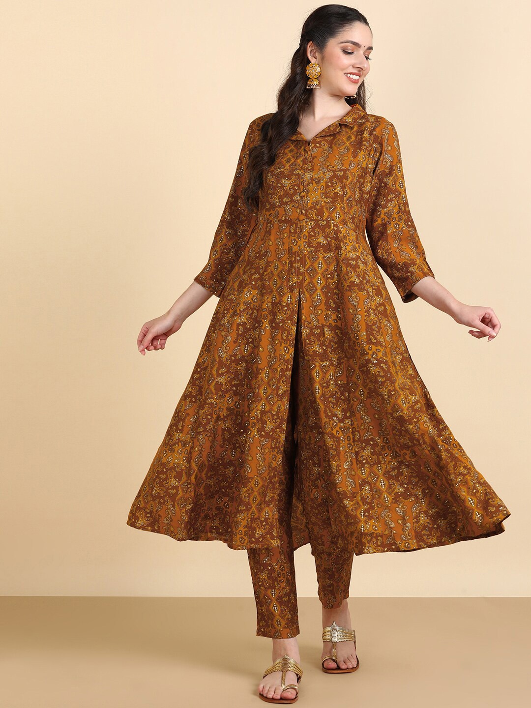 

HERE&NOW Ethnic Motifs Printed Regular Kurta With Trousers, Mustard