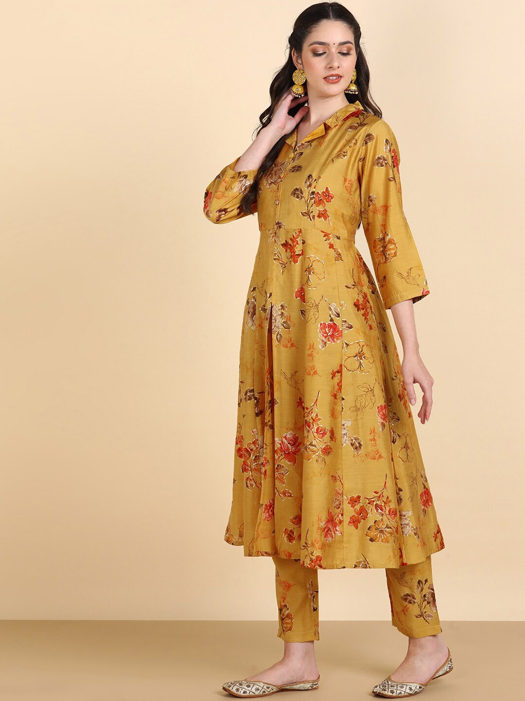 

HERE&NOW Floral Printed Regular Kurta with Trousers, Yellow