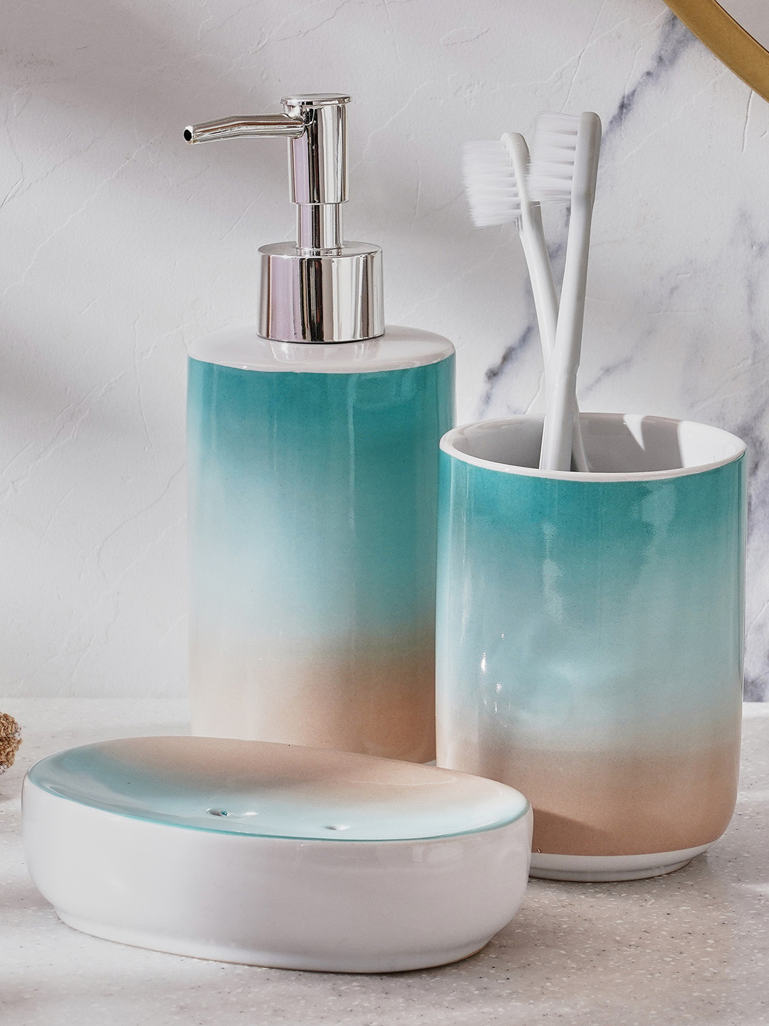 

Home Centre Petrichor Franca Blue 3 Pieces Printed Ceramic Bathroom Accessory Set