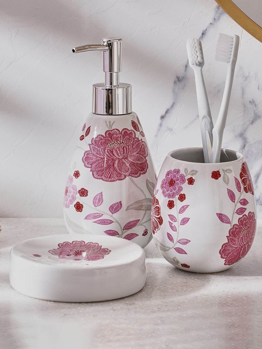 

Home Centre White & Pink 3-Pieces Floral Printed Ceramic Bathroom Set