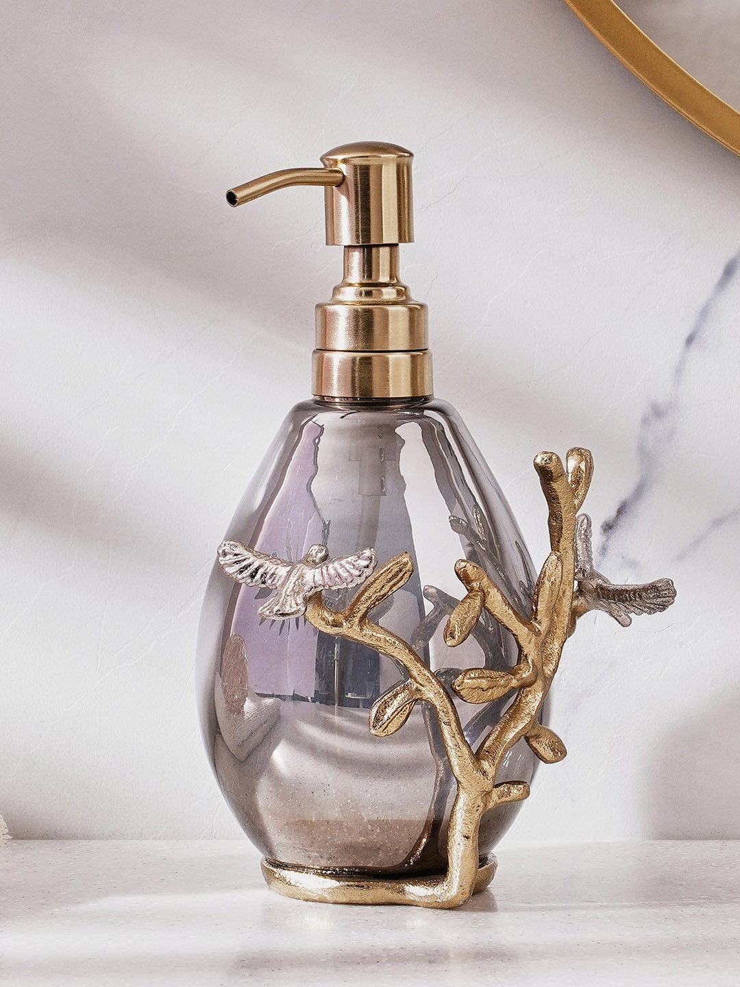 

Home Centre Grey & Gold Toned Panama Bird Glass Soap Dispenser - 600 ml