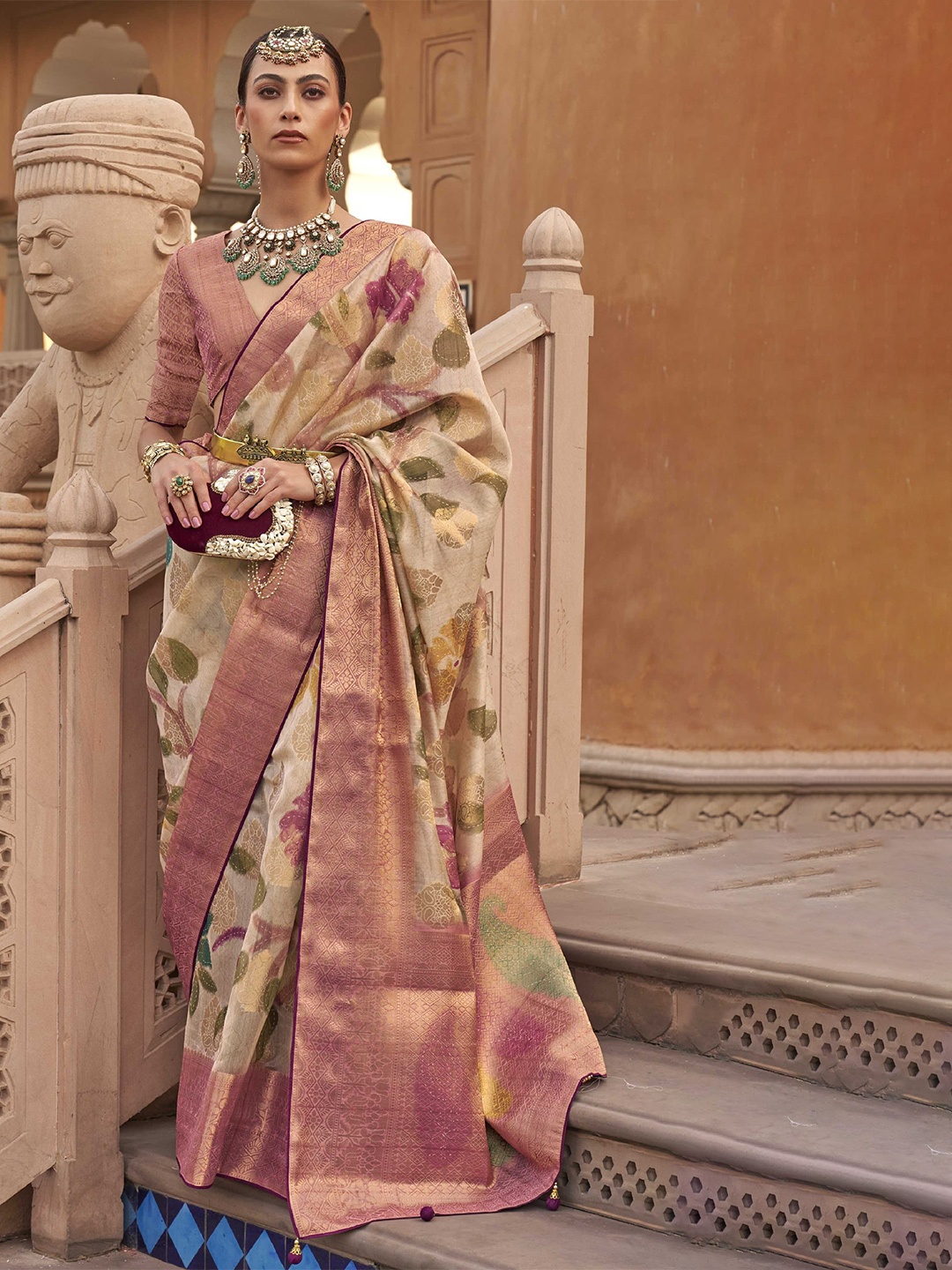 

Mitera Beige & Pink Floral Zari Organza Saree