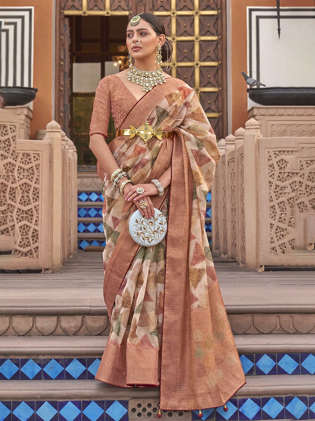 

Mitera Beige & Green Floral Woven Design Zari Organza Saree