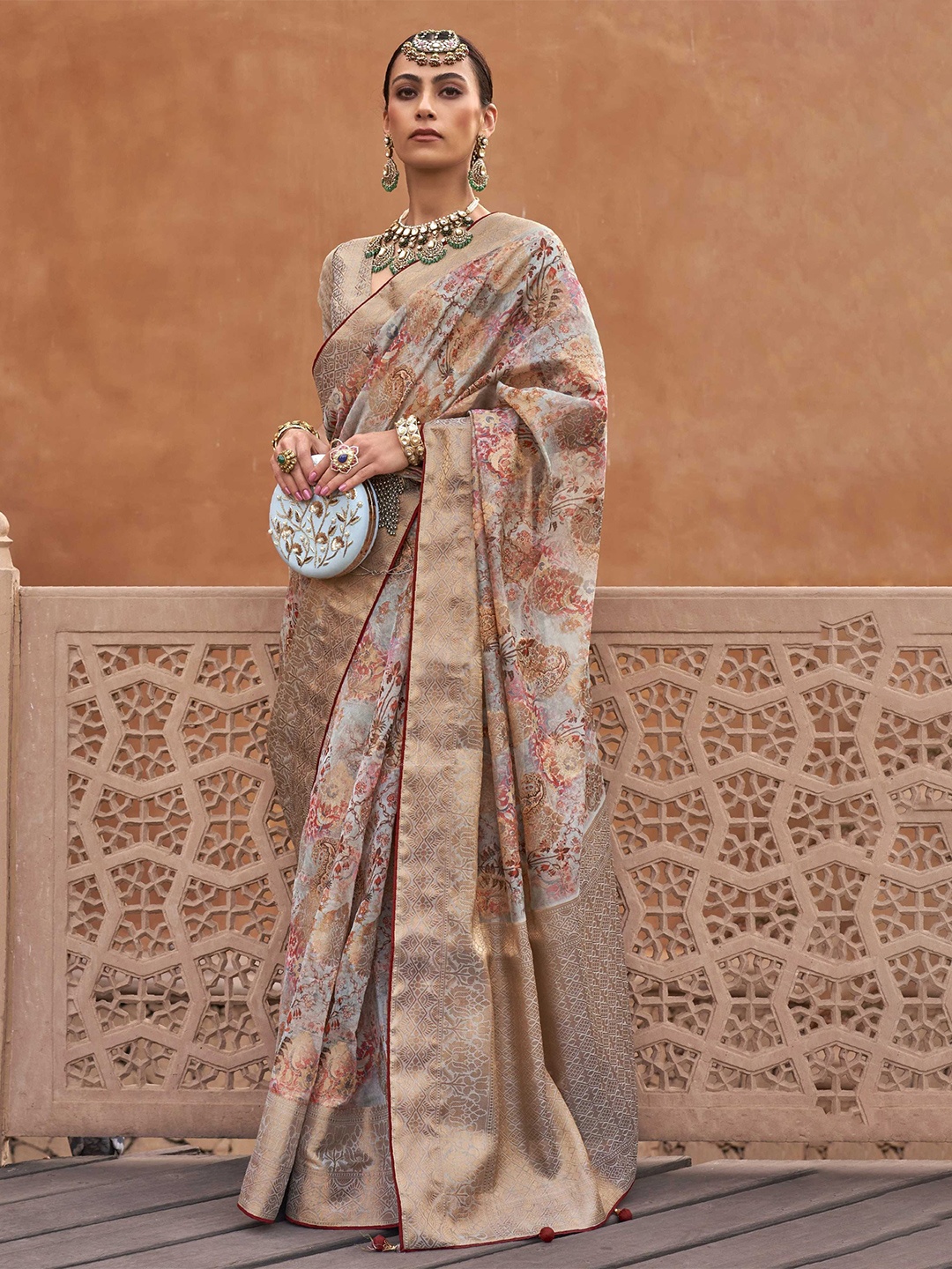 

Mitera Floral Woven Design Zari Organza Saree, Grey