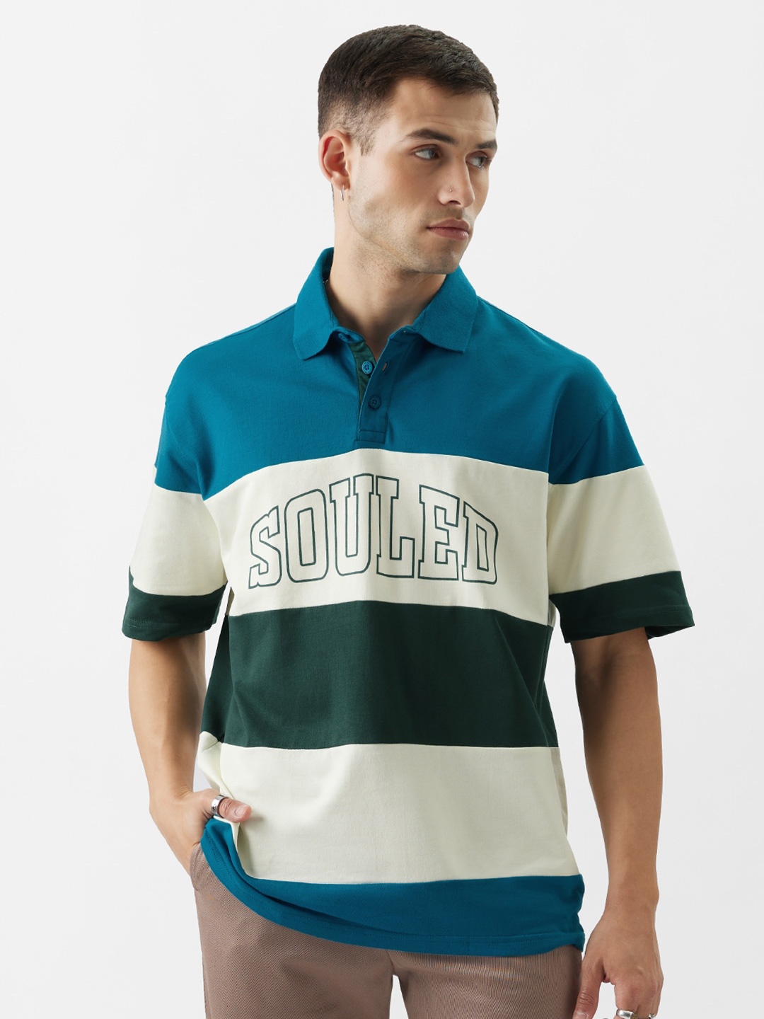 

The Souled Store Striped Polo Collar Oversized Cotton T-shirt, Blue