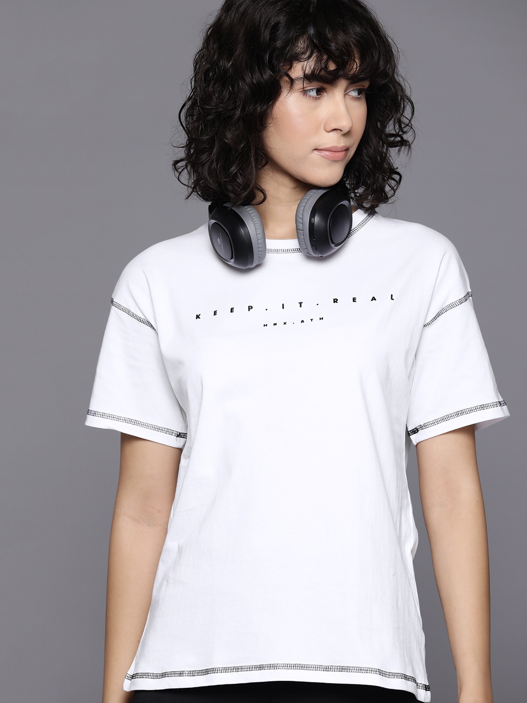 

HRX by Hrithik Roshan Women Brand Logo Printed Pure Cotton T-shirt, White