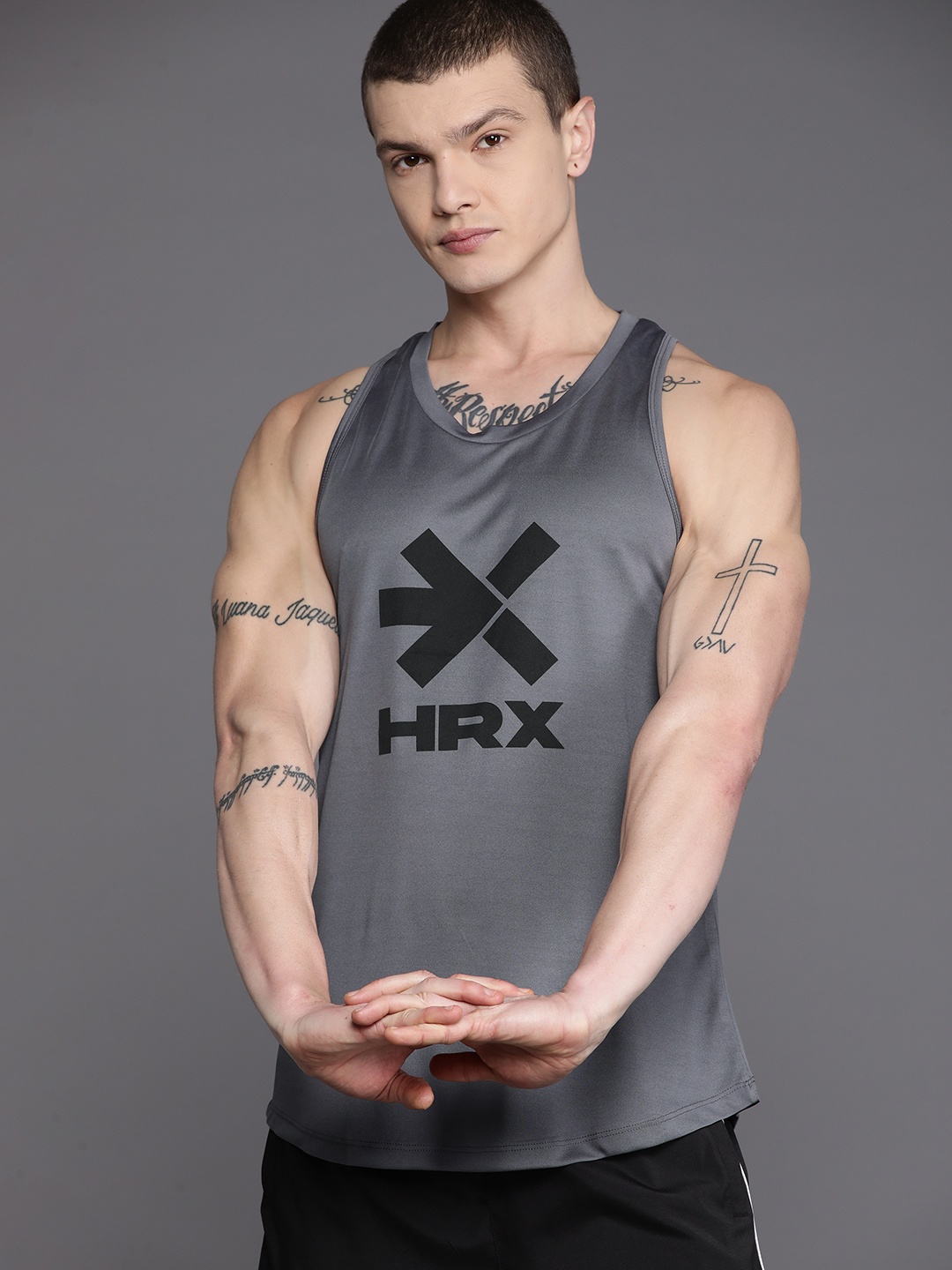 

HRX by Hrithik Roshan Brand Logo Print Training Tank T-shirt, Grey