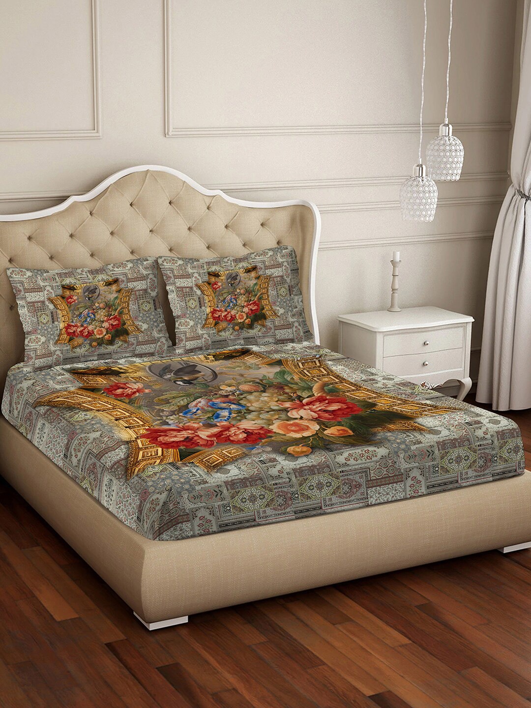 

BELLA CASA Grey & Green Printed Cotton 400 TC King Bedsheet with 2 Pillow Covers