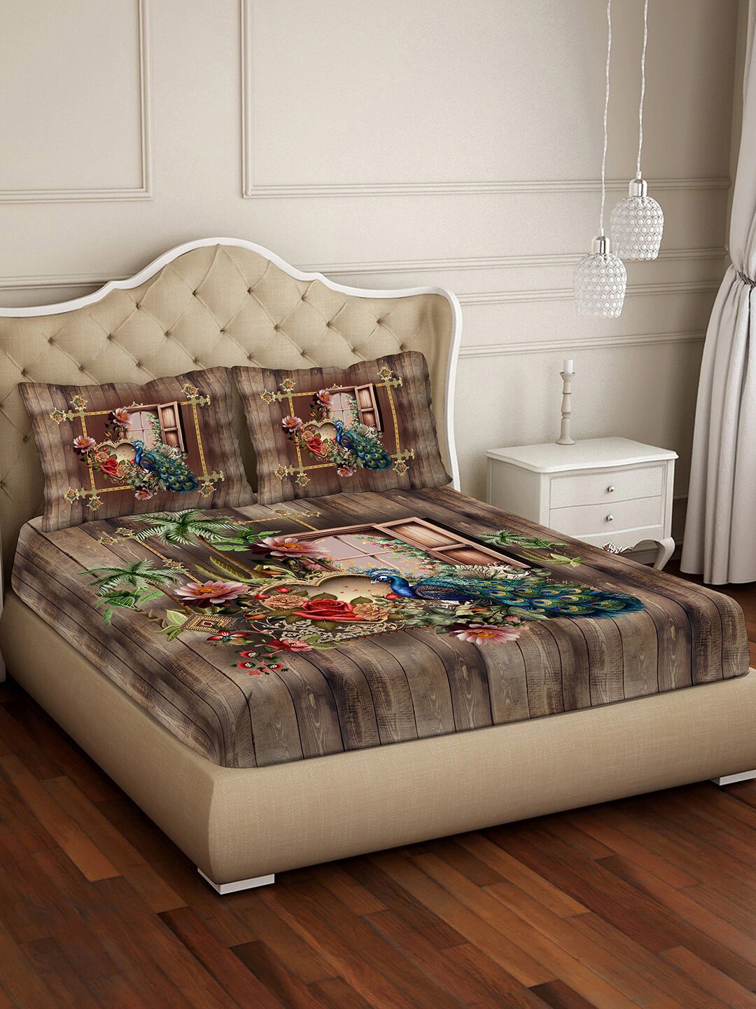 

BELLA CASA Brown & Green Printed Cotton 400 TC King Bedsheet with 2 Pillow Covers