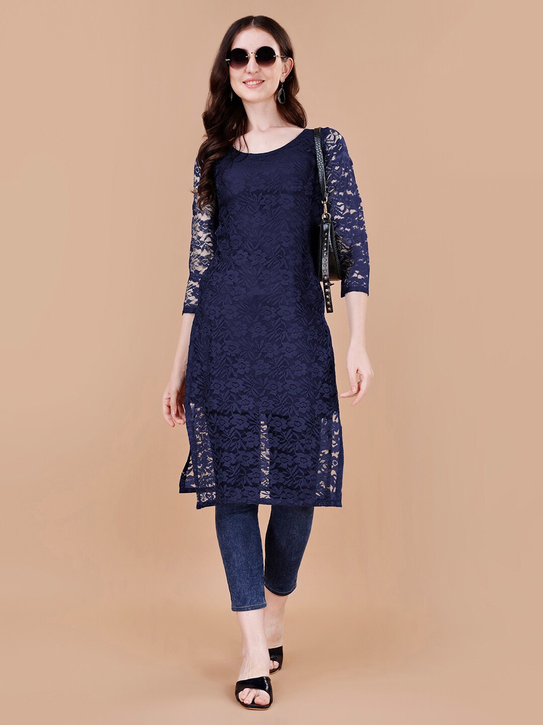 

FORKEY Floral Lace Straight Kurta, Navy blue