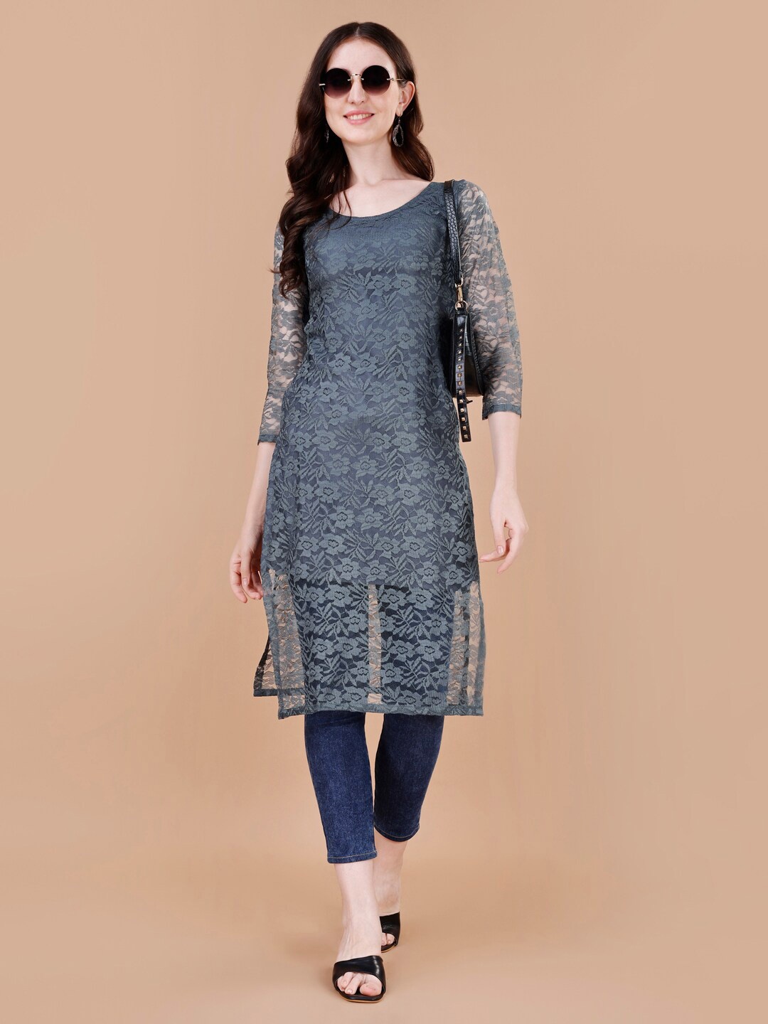 

FORKEY Floral Lace Straight Kurta, Grey