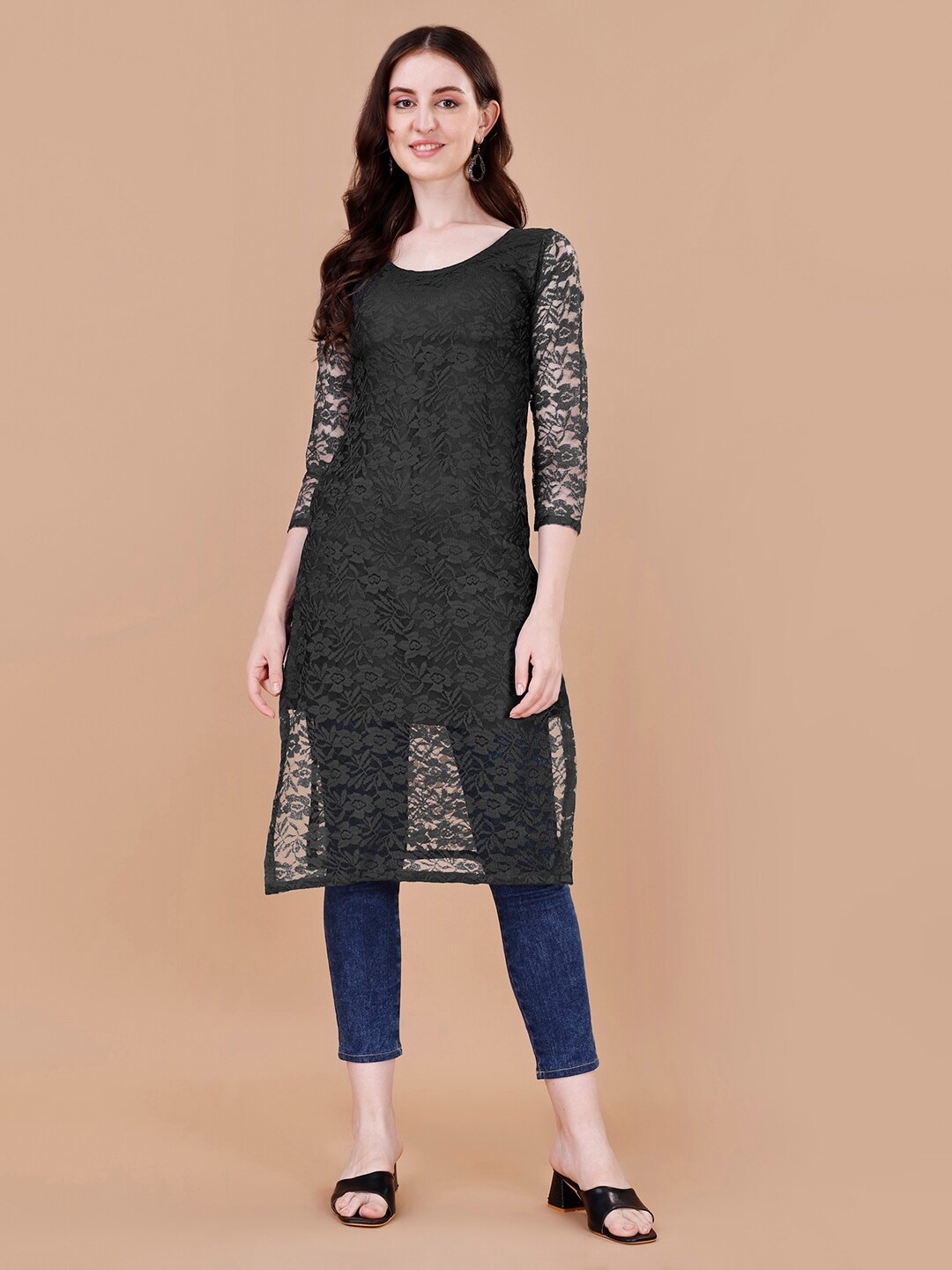 

FORKEY Floral Self Design Round Neck Net Straight Kurta, Black