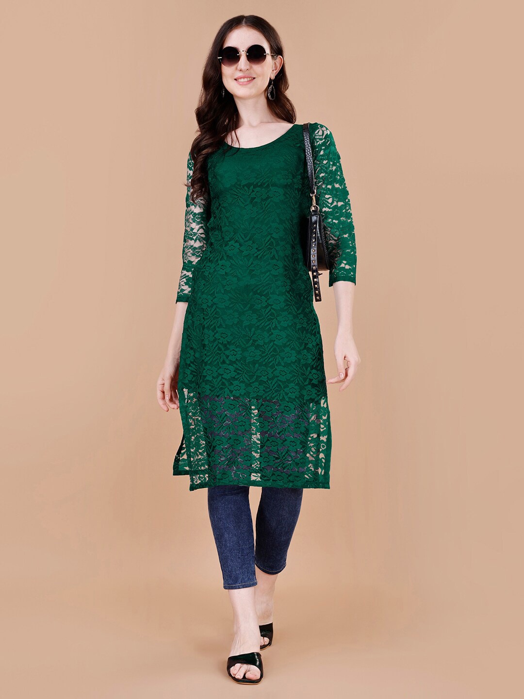 

FORKEY Floral Embroidered Semisheer Straight Kurta, Green