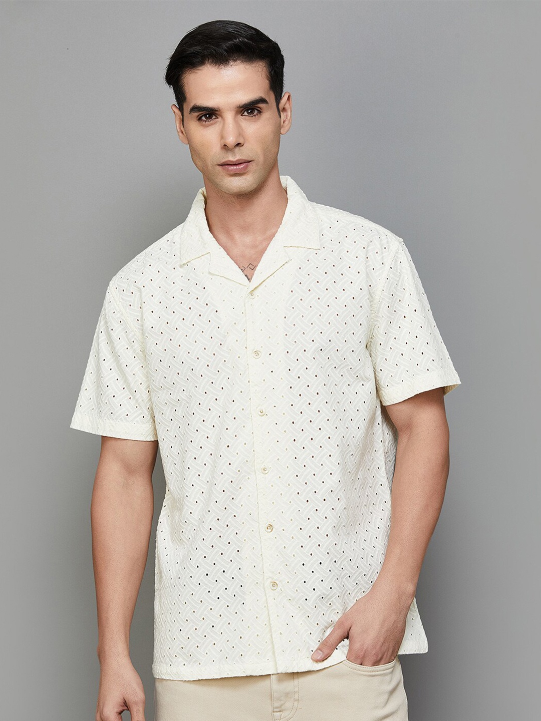 

Forca by Lifestyle Schiffli Cotton Casual Shirt, Beige