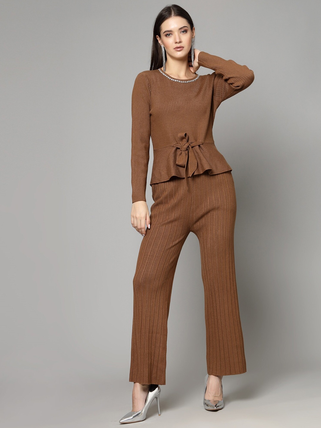

Mafadeny Self Design Round Neck Long Sleeves Beads & Stones Nylon Top With Trousers, Brown