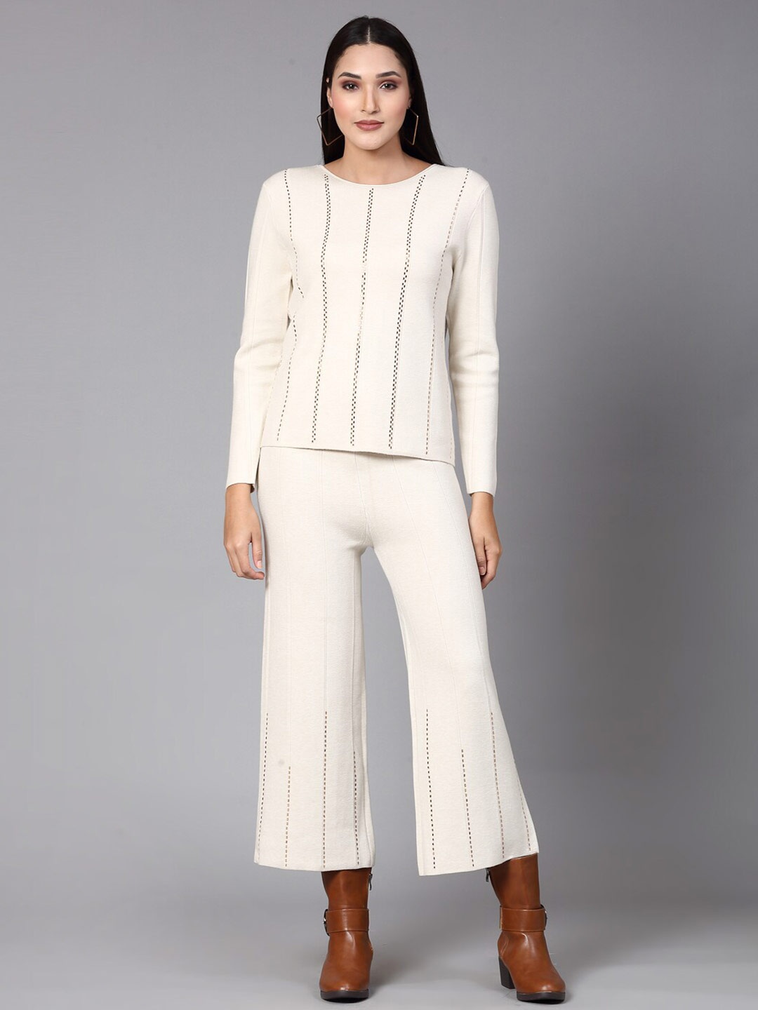 

Mafadeny Self Design Schiffli & Cosy Top & Trouser Co-ords Set, Cream