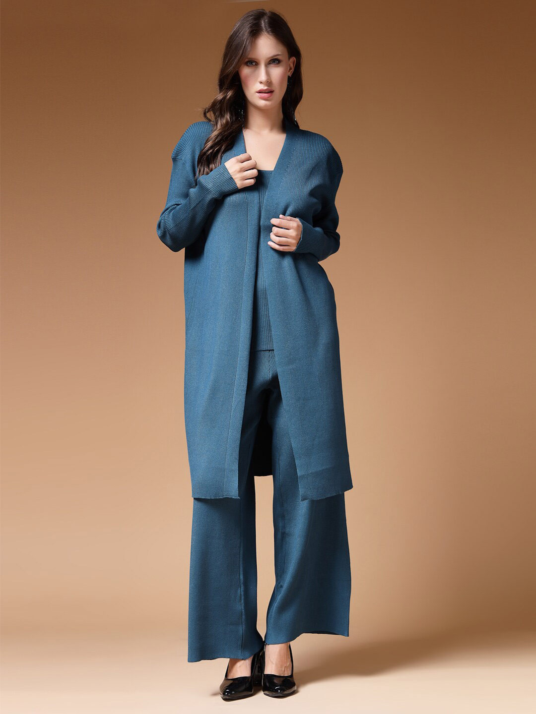 

Mafadeny Self Design Shoulder Straps Top With Palazzo & Long Shrug, Teal