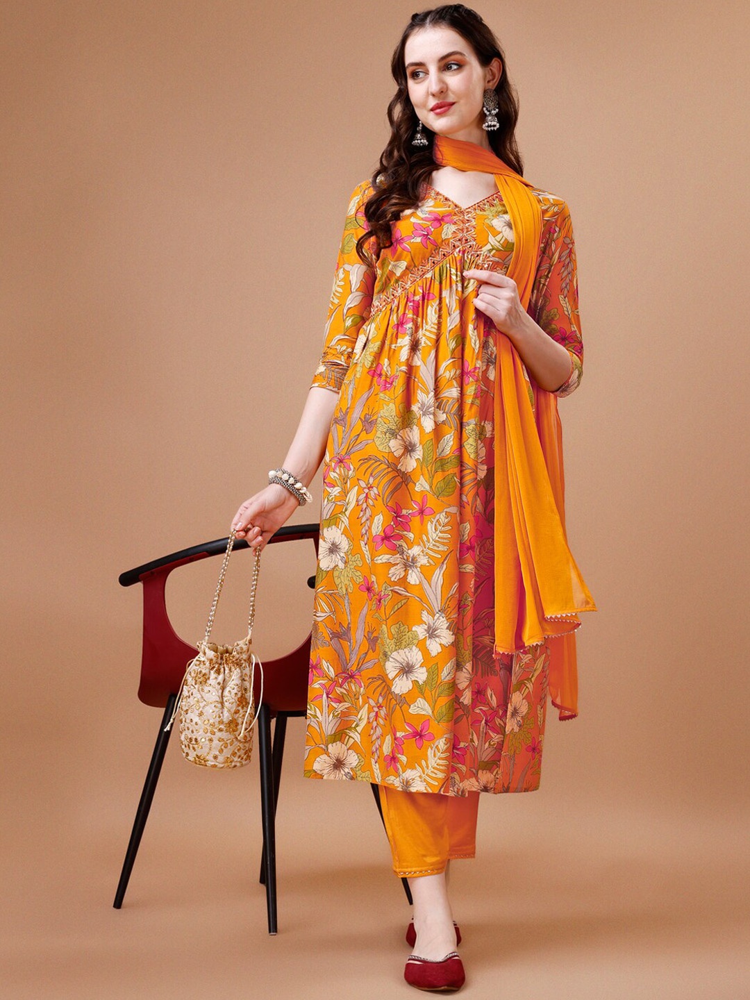 

KALINI Floral Printed Pleated Chanderi Silk Kurta With Trousers & Dupatta, Yellow