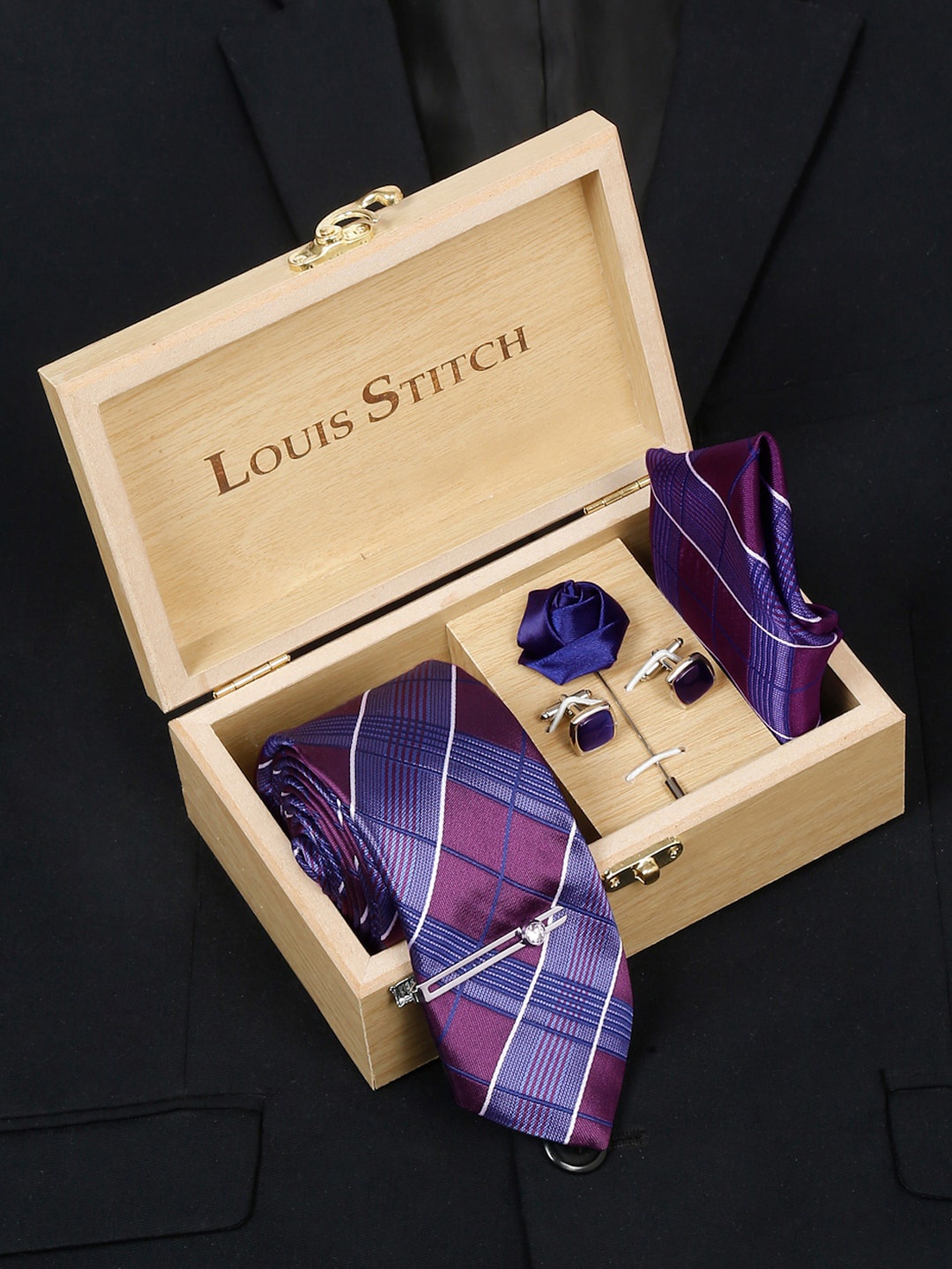 

LOUIS STITCH Men Checked Silk Accessory Gift Set, Blue