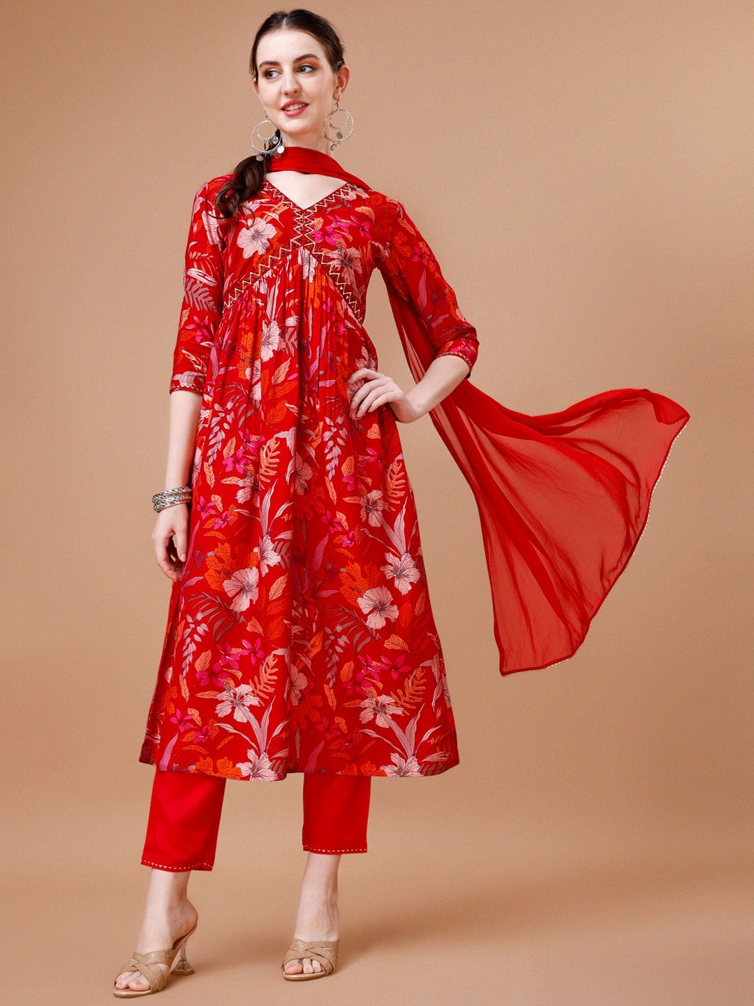 

KALINI Floral Printed Pleated Chanderi Silk Kurta With Trousers & Dupatta, Red