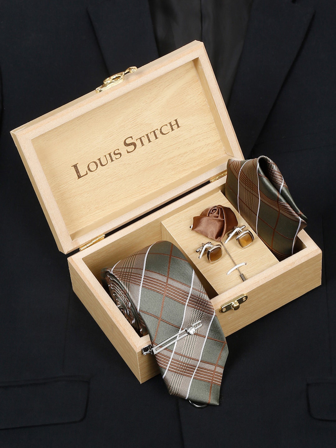 

LOUIS STITCH Checked Silk Accessory Gift Set, Brown