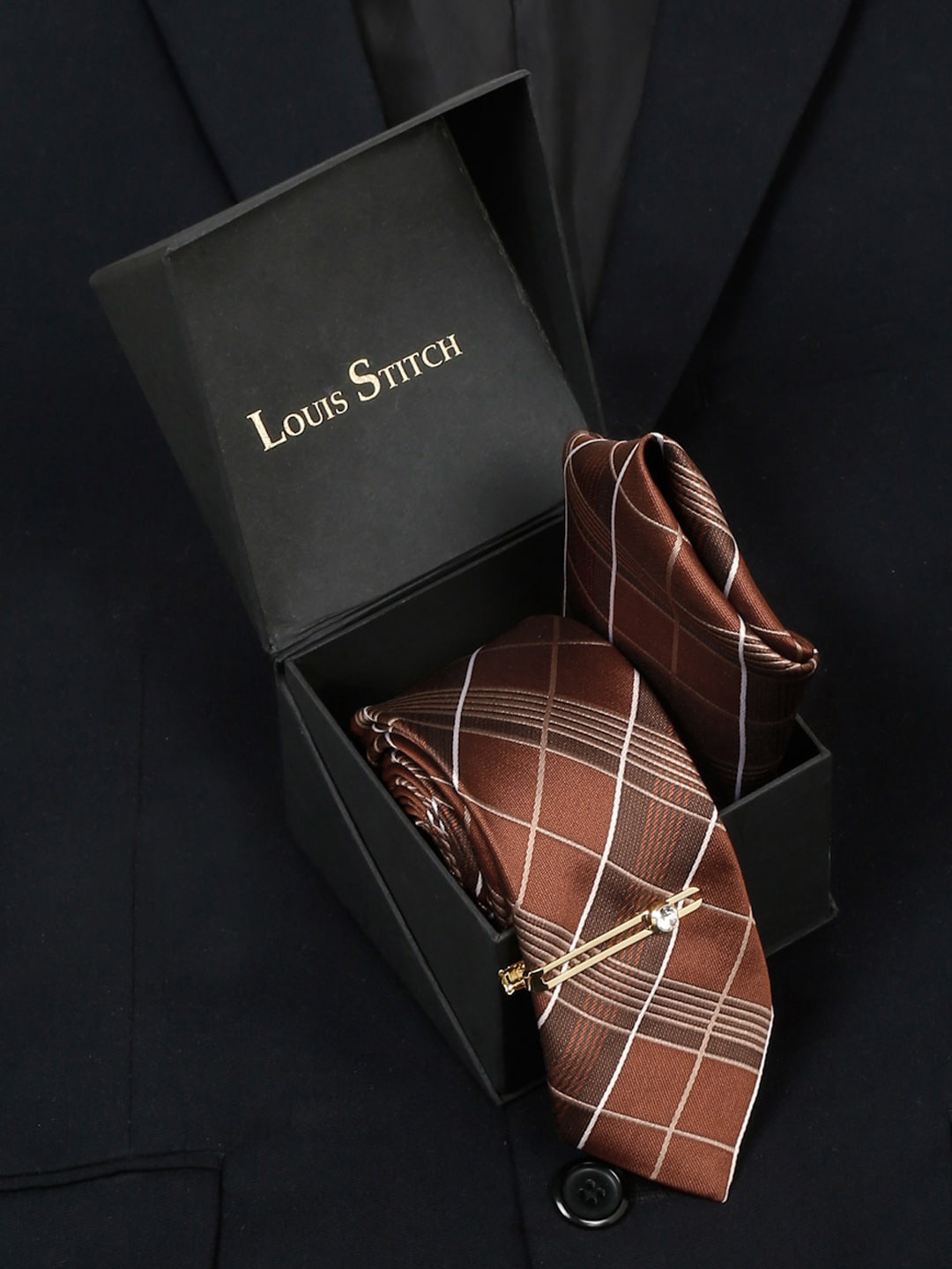 

LOUIS STITCH Men Checked Silk Accessory Gift Set, Brown